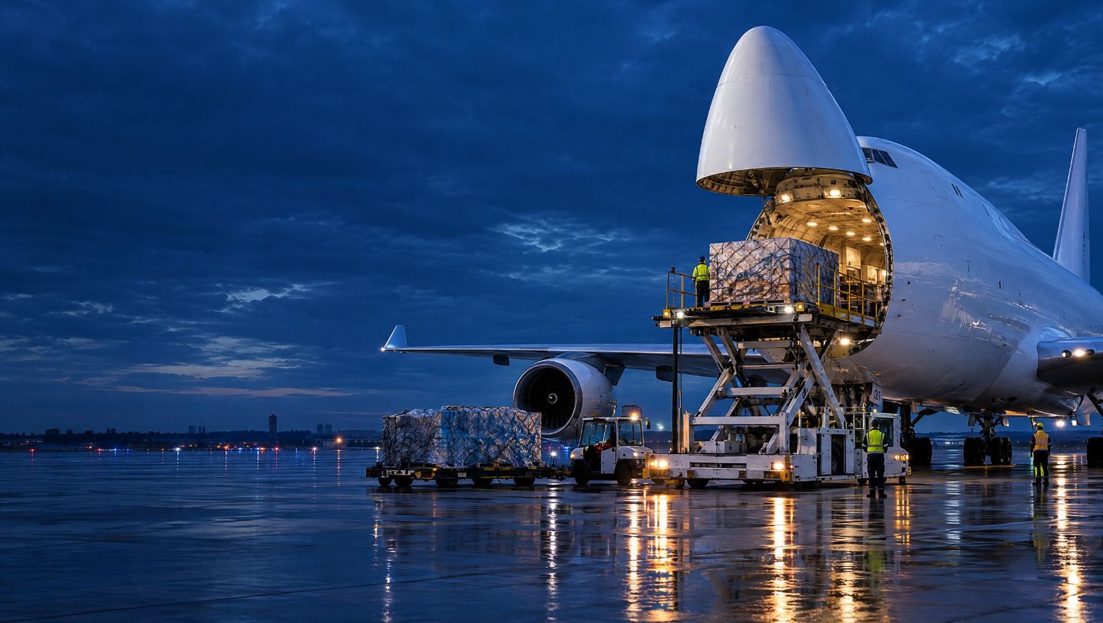 Avión de carga cargando envíos aéreos